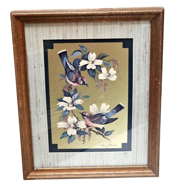Vintage William J. Whiteside Birds on Dogwood Framed Art 1960's Print Gold Foil - Picture 1 of 15
